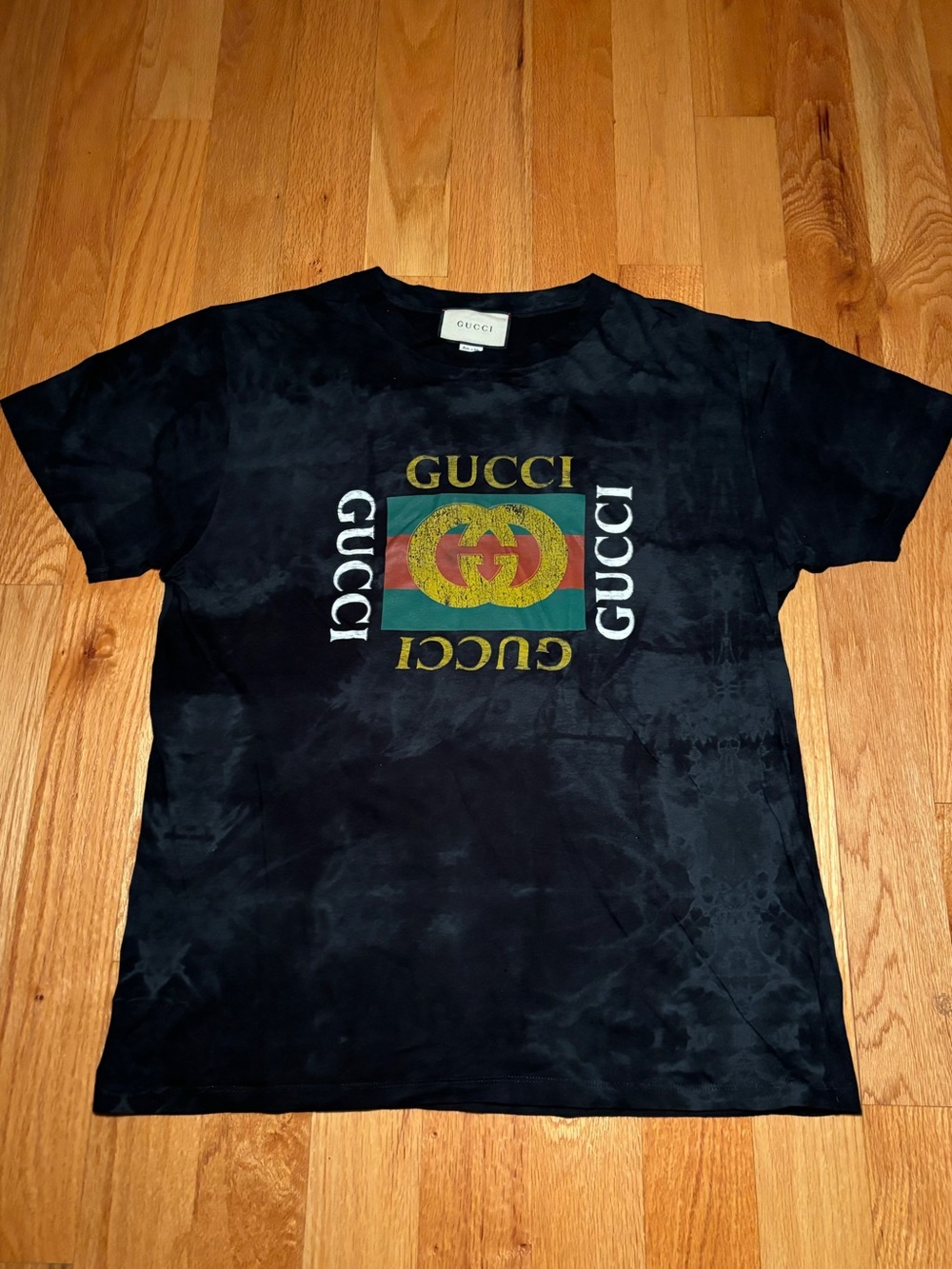 Gucci Black Logo Graphic Tee with Green and Red Emblem